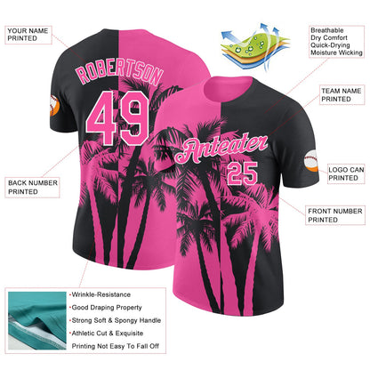 Custom Black Pink-White Hawaii Tropical Coastal Palm Trees Performance T-Shirt