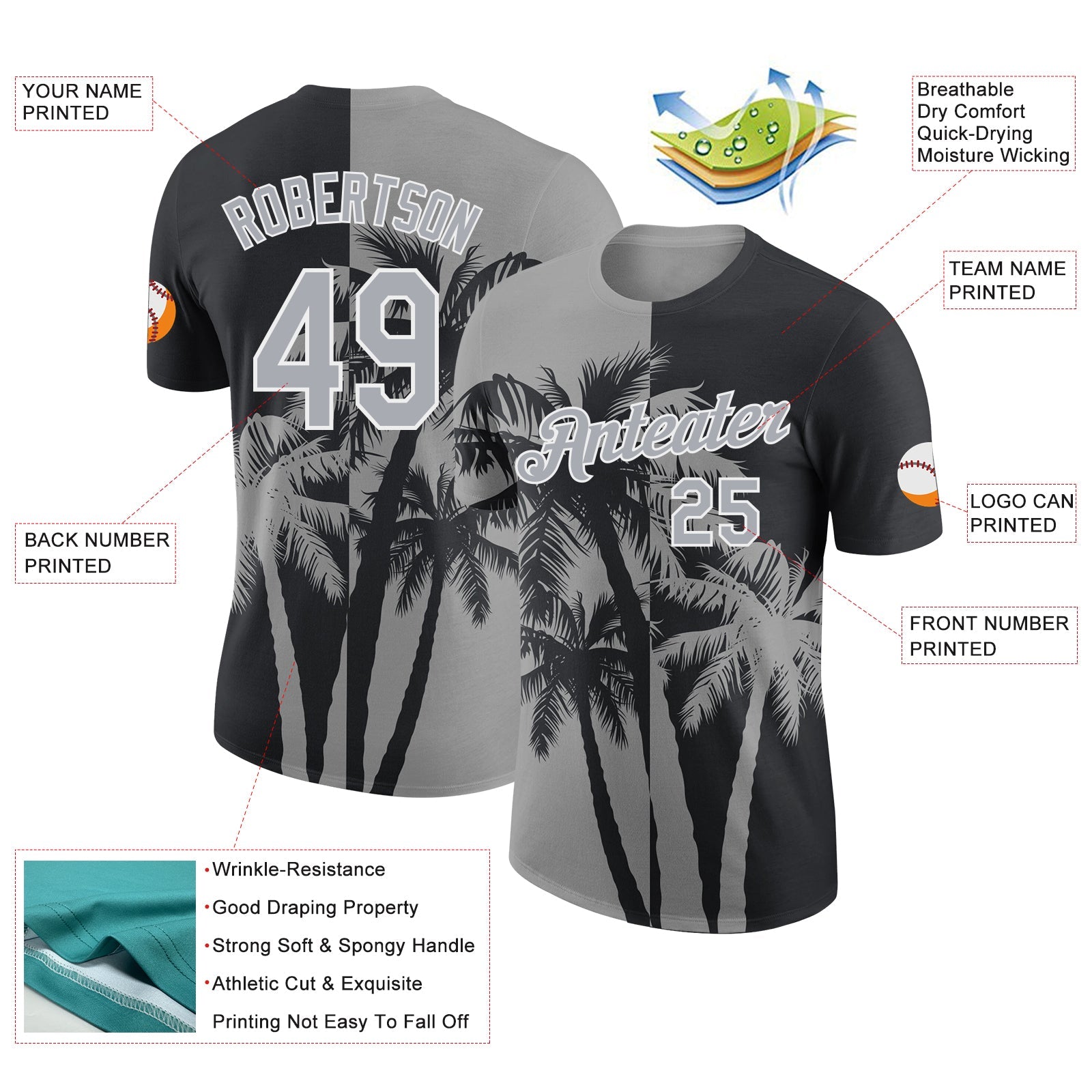 Custom Black Gray-White Hawaii Tropical Coastal Palm Trees Performance T-Shirt