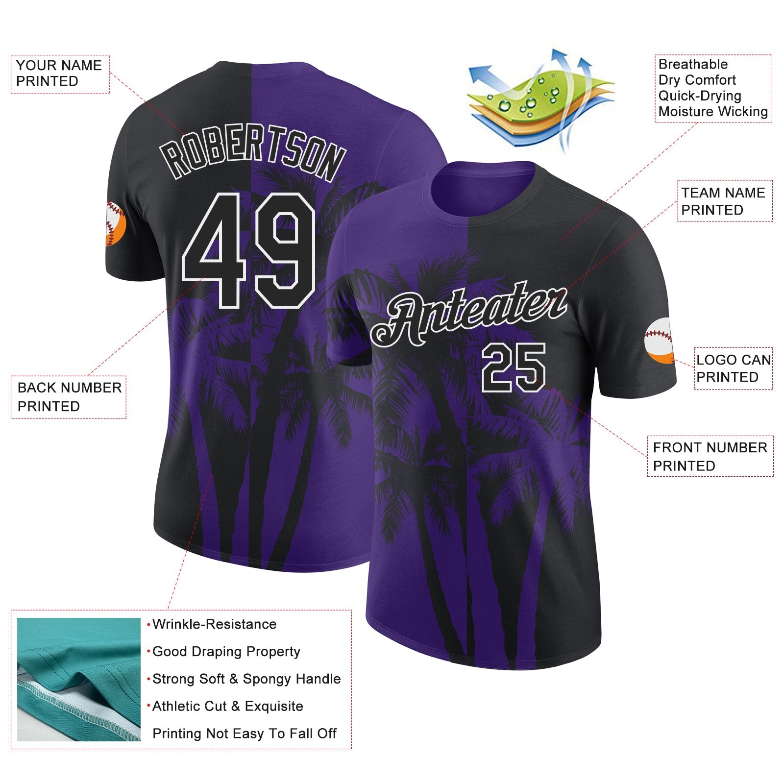 Custom Black Purple-White Hawaii Tropical Coastal Palm Trees Performance T-Shirt