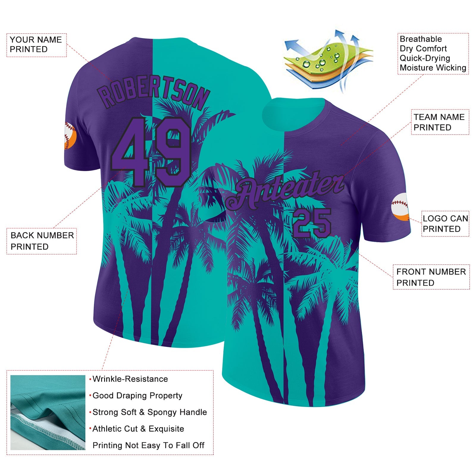 Custom Purple Aqua-Black Hawaii Tropical Coastal Palm Trees Performance T-Shirt