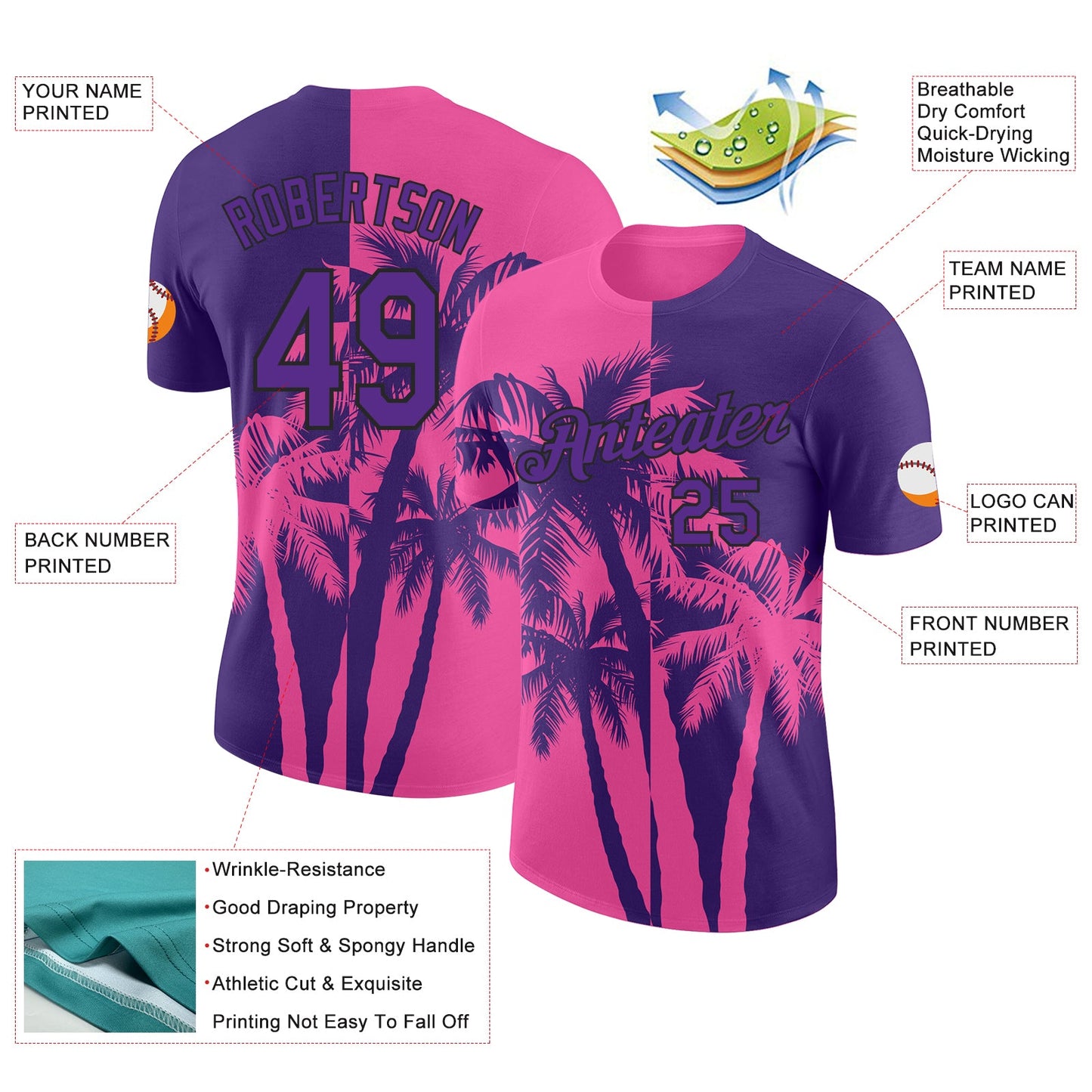 Custom Purple Pink-Black Hawaii Tropical Coastal Palm Trees Performance T-Shirt
