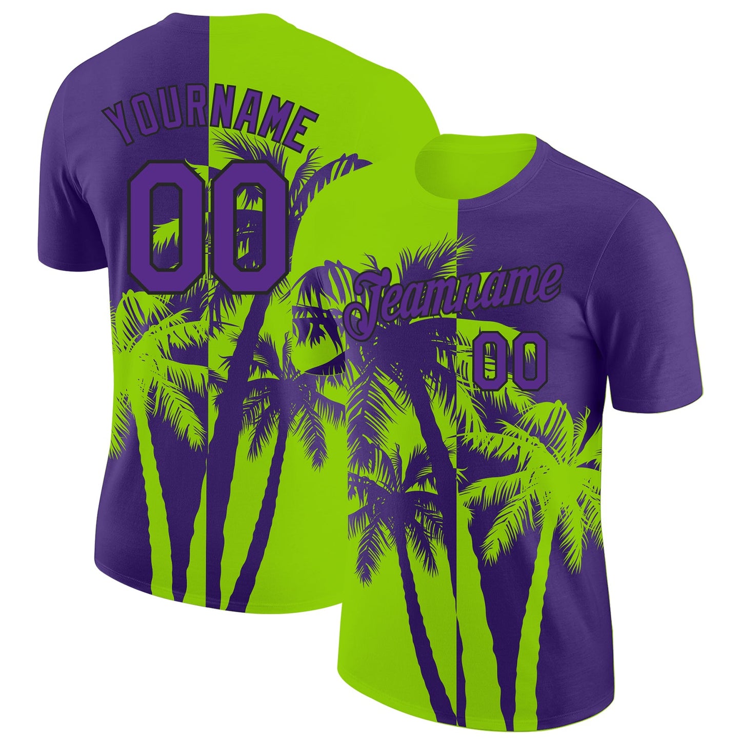 Custom Purple Neon Green-Black Hawaii Tropical Coastal Palm Trees Performance T-Shirt