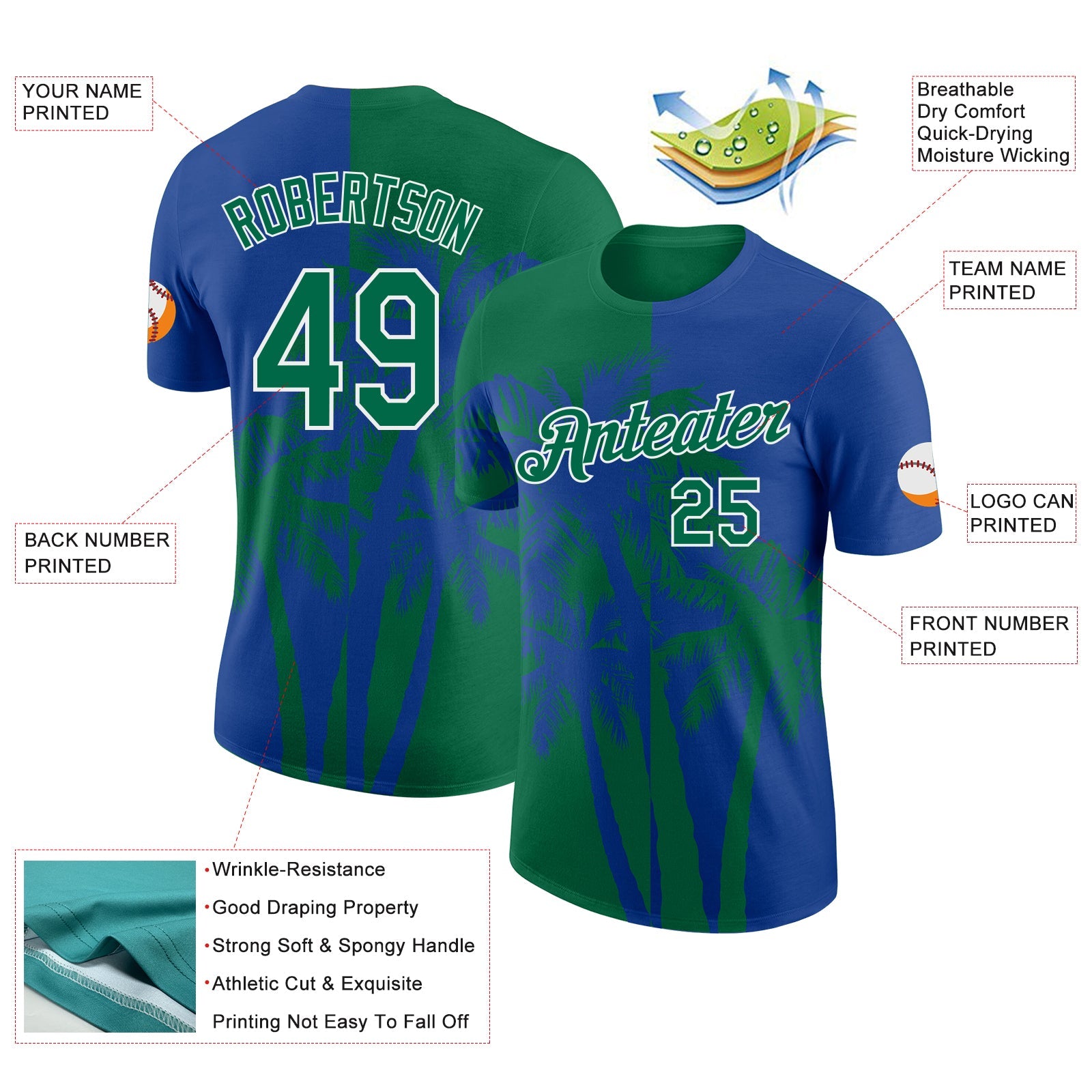 Custom Royal Kelly Green-White Hawaii Tropical Coastal Palm Trees Performance T-Shirt