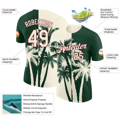 Custom Green Cream-Crimson Hawaii Tropical Coastal Palm Trees Performance T-Shirt
