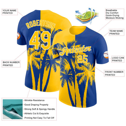 Custom Royal Yellow-White Hawaii Tropical Coastal Palm Trees Performance T-Shirt