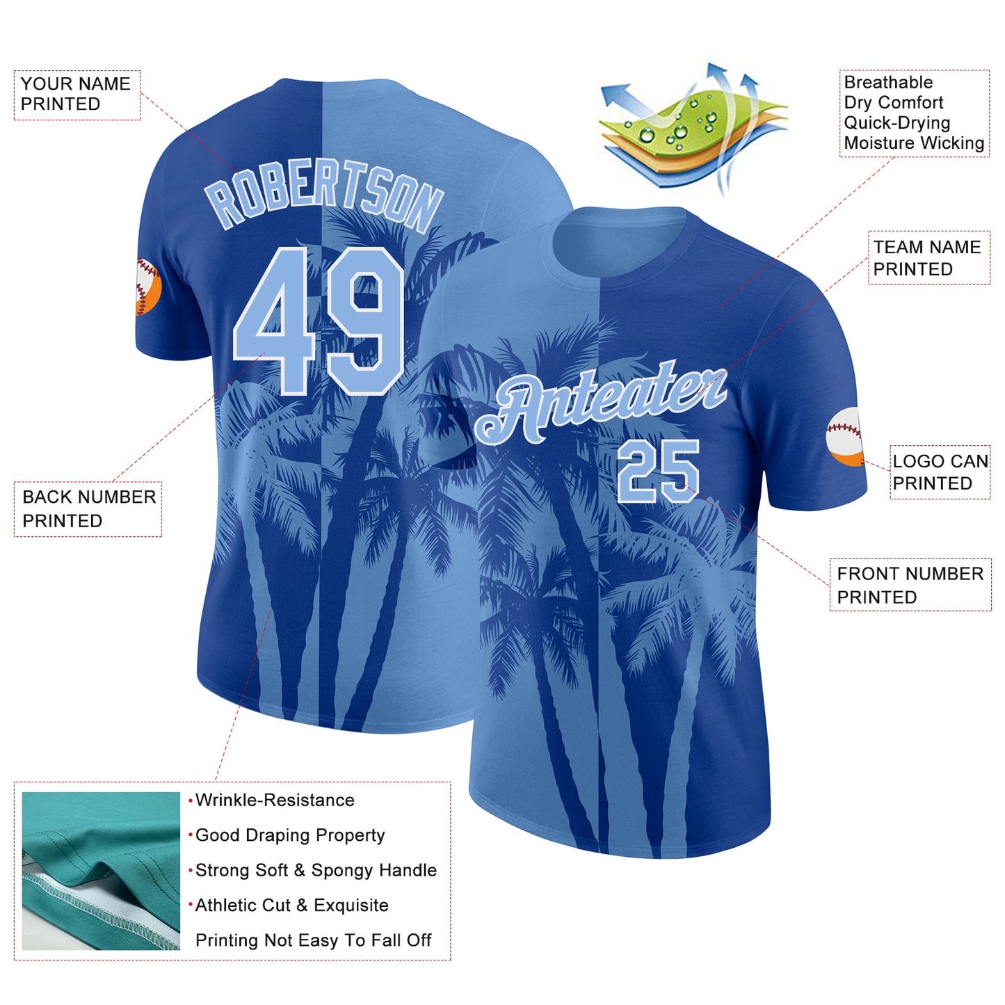 Custom Royal Light Blue-White Hawaii Tropical Coastal Palm Trees Performance T-Shirt