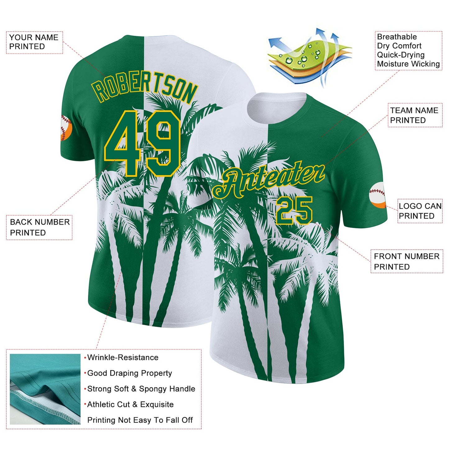 Custom Kelly Green White-Yellow Hawaii Tropical Coastal Palm Trees Performance T-Shirt