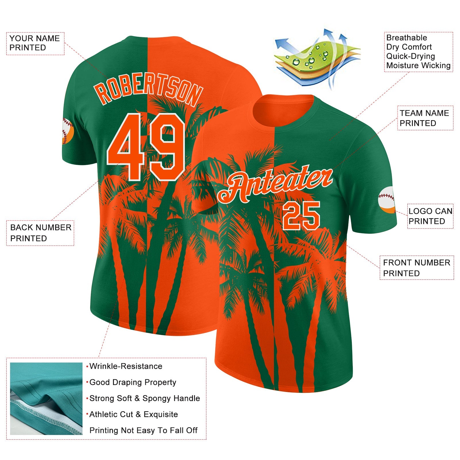 Custom Kelly Green Orange-White Hawaii Tropical Coastal Palm Trees Performance T-Shirt