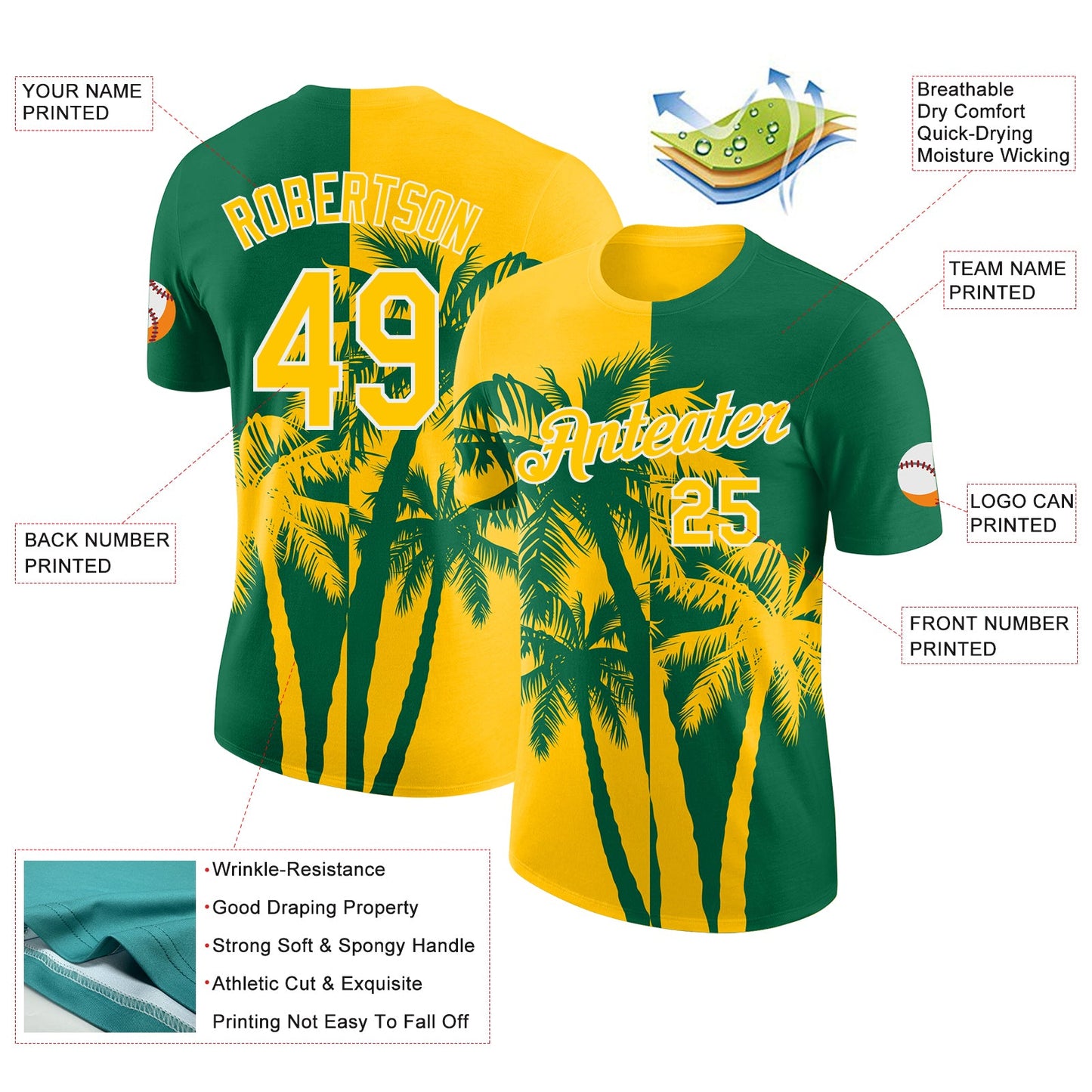 Custom Kelly Green Yellow-White Hawaii Tropical Coastal Palm Trees Performance T-Shirt
