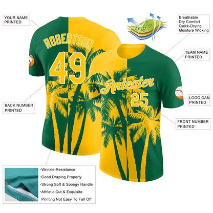 Custom Kelly Green Yellow-White Hawaii Tropical Coastal Palm Trees Performance T-Shirt