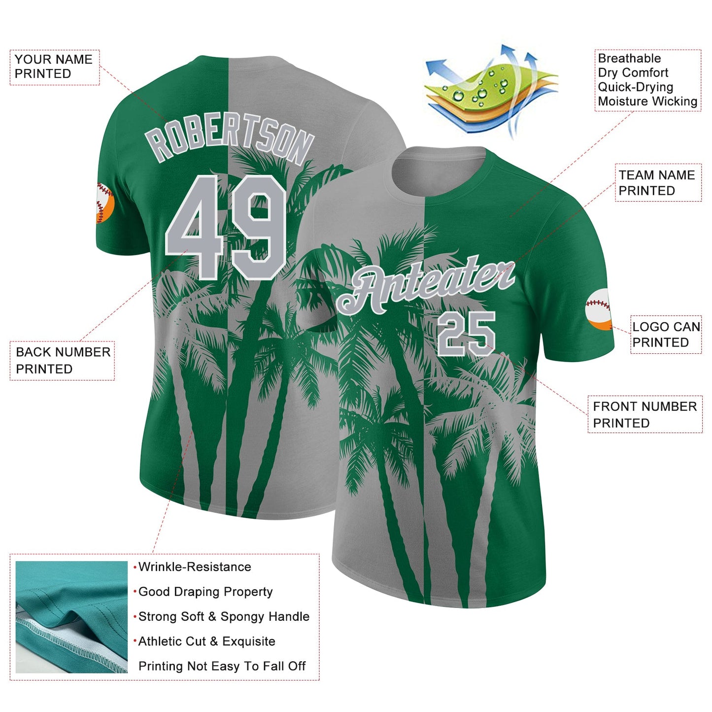 Custom Kelly Green Gray-White Hawaii Tropical Coastal Palm Trees Performance T-Shirt