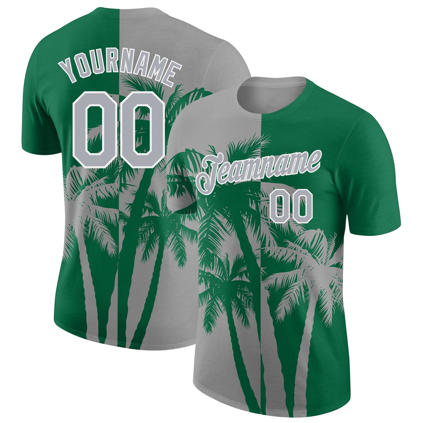 Custom Kelly Green Gray-White Hawaii Tropical Coastal Palm Trees Performance T-Shirt
