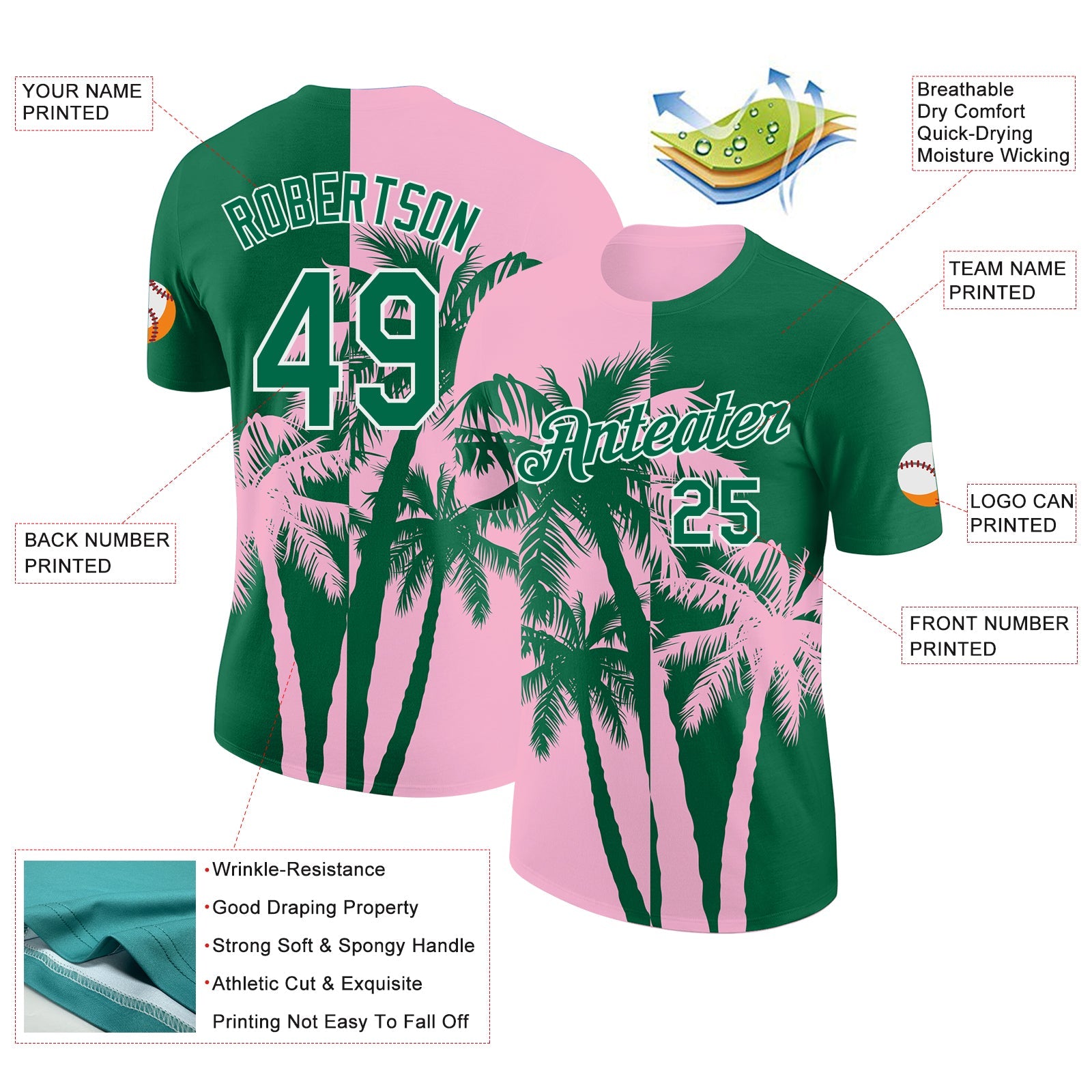 Custom Kelly Green Light Pink-White Hawaii Tropical Coastal Palm Trees Performance T-Shirt