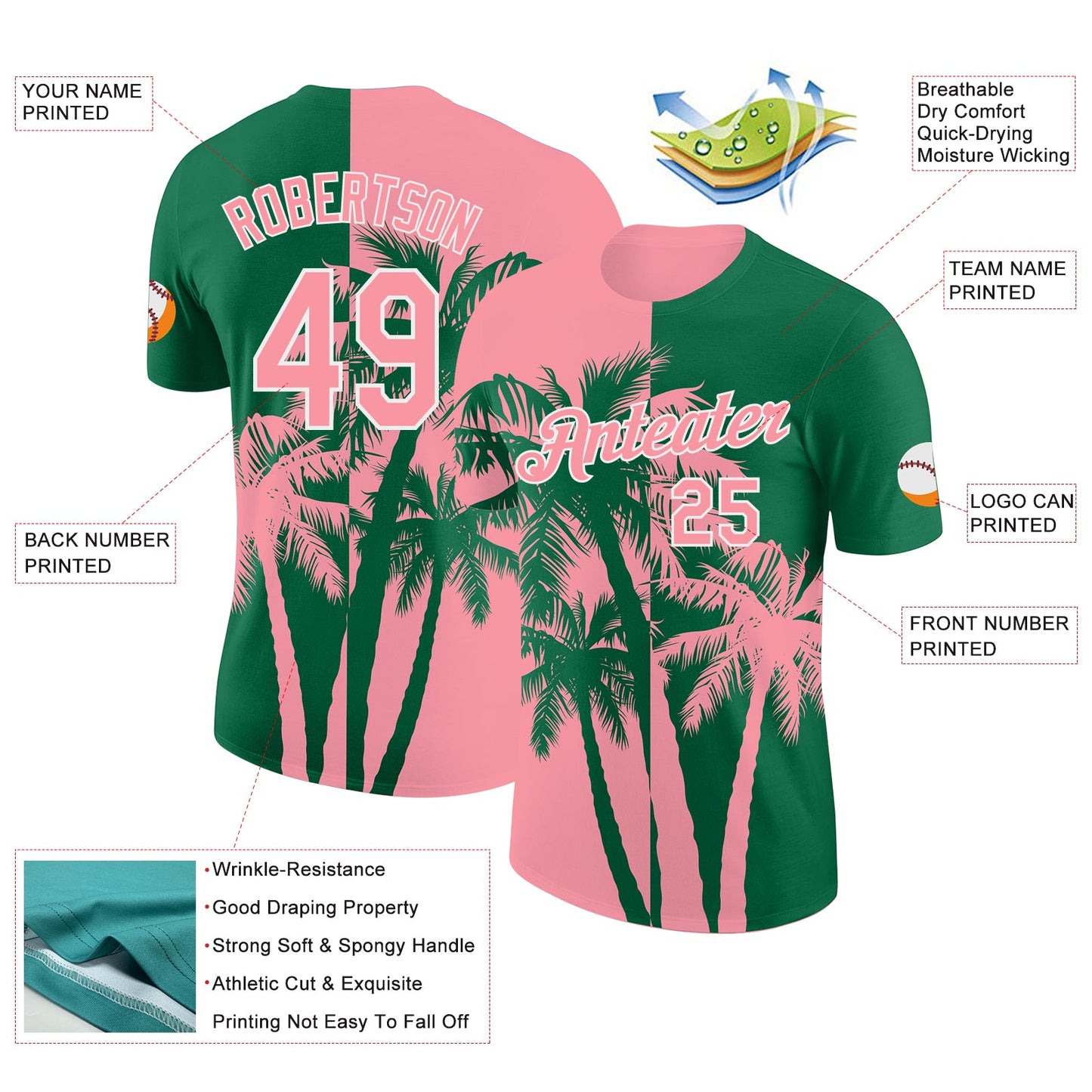 Custom Kelly Green Medium Pink-White Hawaii Tropical Coastal Palm Trees Performance T-Shirt