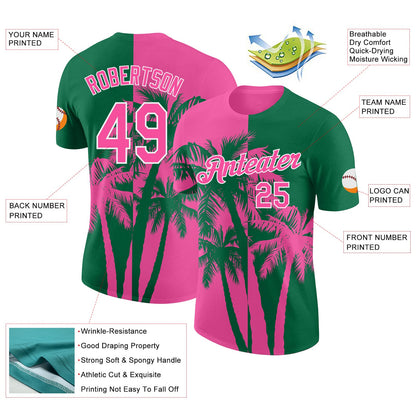 Custom Kelly Green Pink-White Hawaii Tropical Coastal Palm Trees Performance T-Shirt