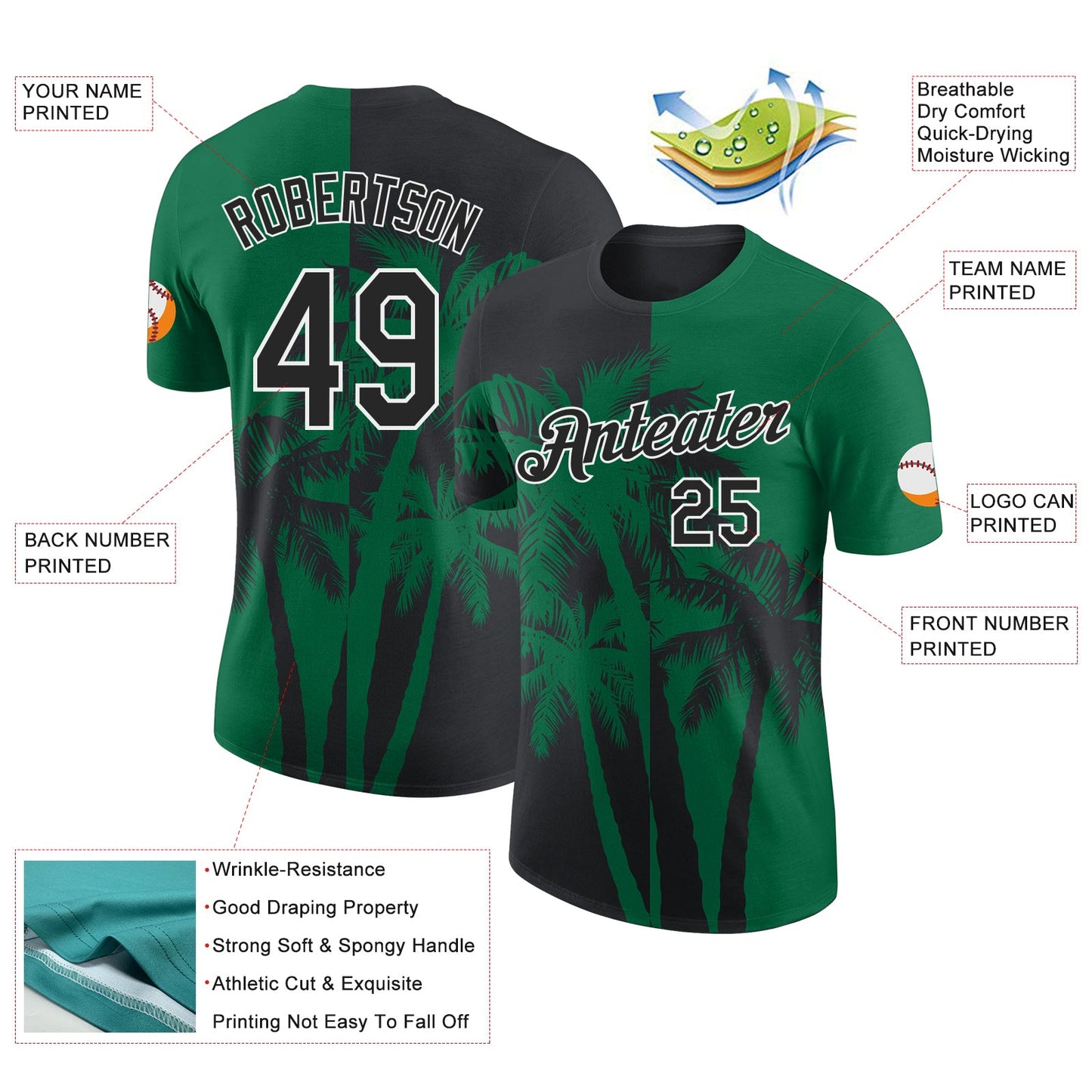 Custom Kelly Green Black-White Hawaii Tropical Coastal Palm Trees Performance T-Shirt