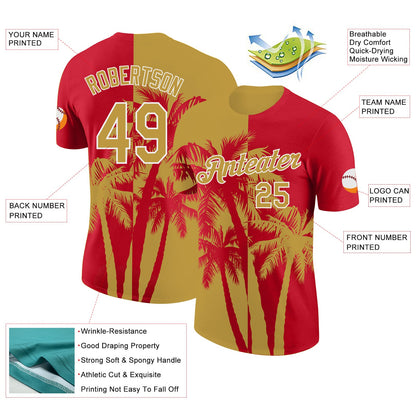 Custom Red Old Gold-White Hawaii Tropical Coastal Palm Trees Performance T-Shirt