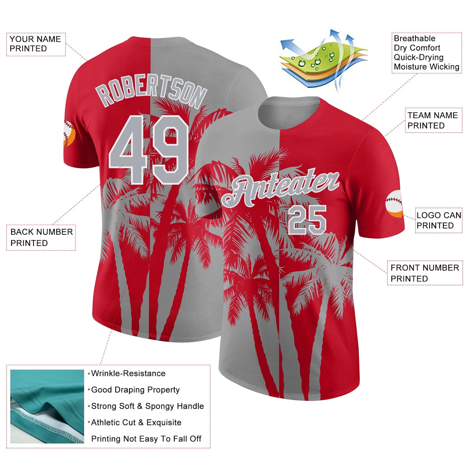 Custom Red Gray-White Hawaii Tropical Coastal Palm Trees Performance T-Shirt