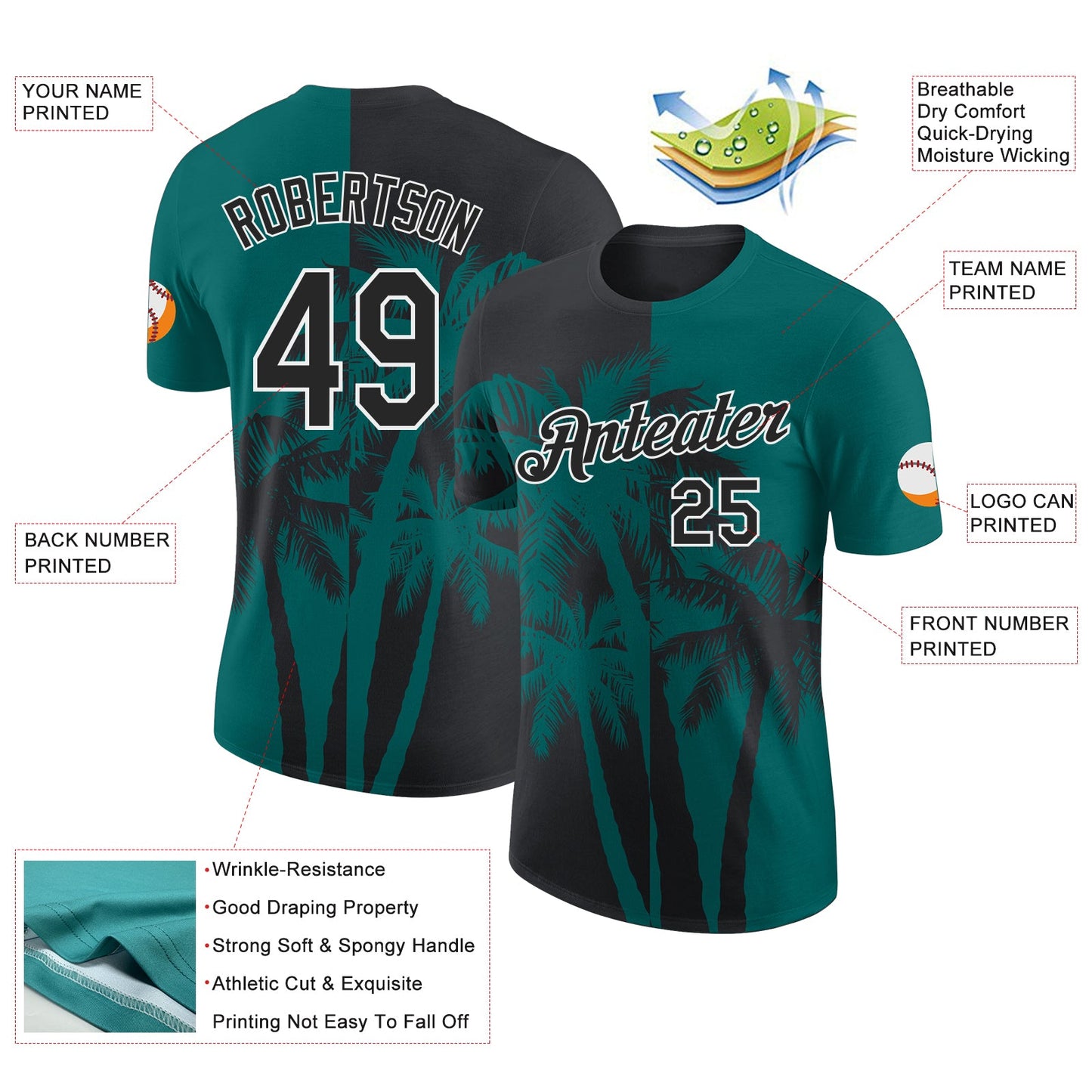 Custom Teal Black-White Hawaii Tropical Coastal Palm Trees Performance T-Shirt