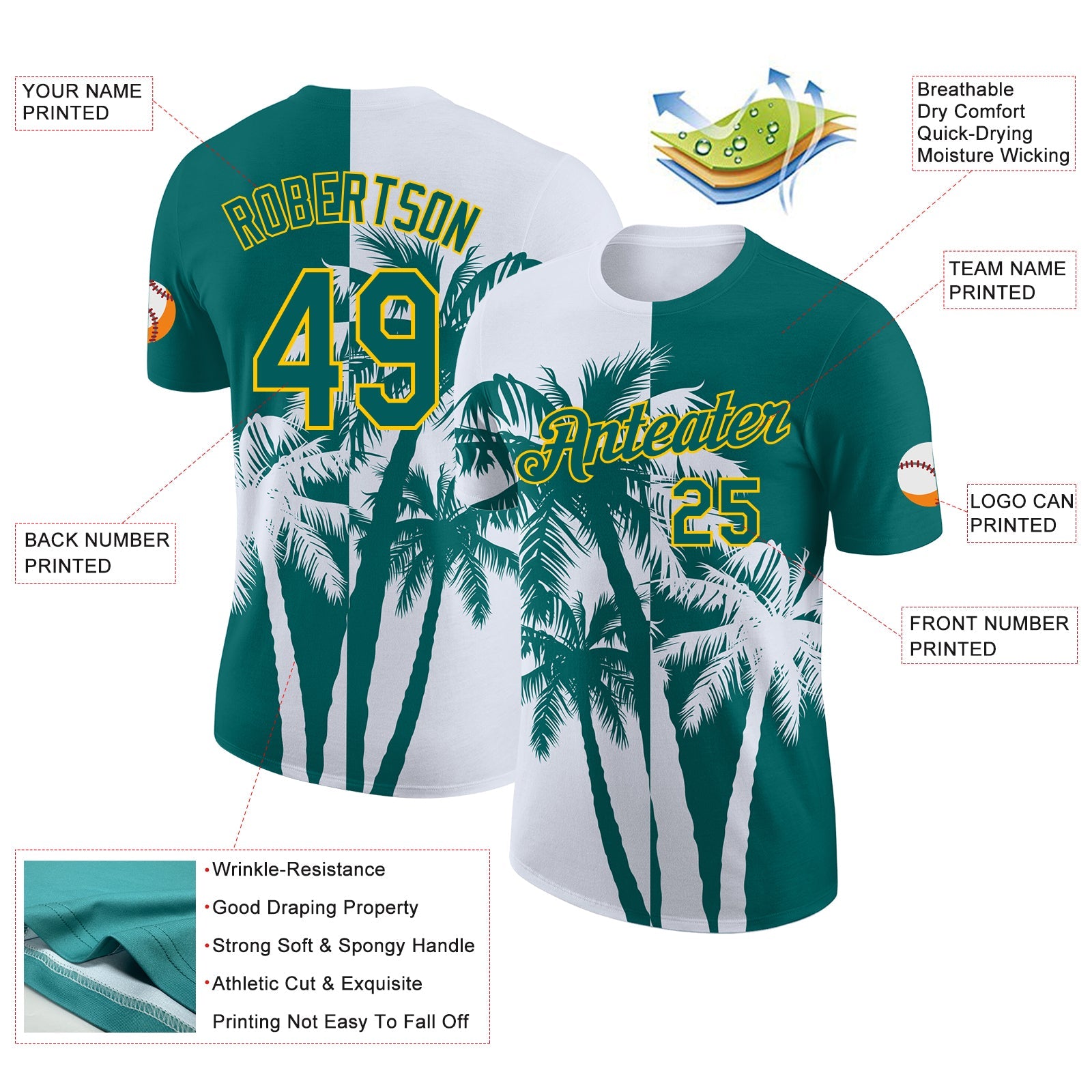 Custom Teal White-Yellow Hawaii Tropical Coastal Palm Trees Performance T-Shirt