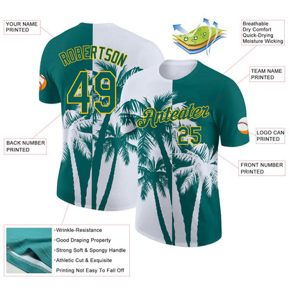 Custom Teal White-Yellow Hawaii Tropical Coastal Palm Trees Performance T-Shirt