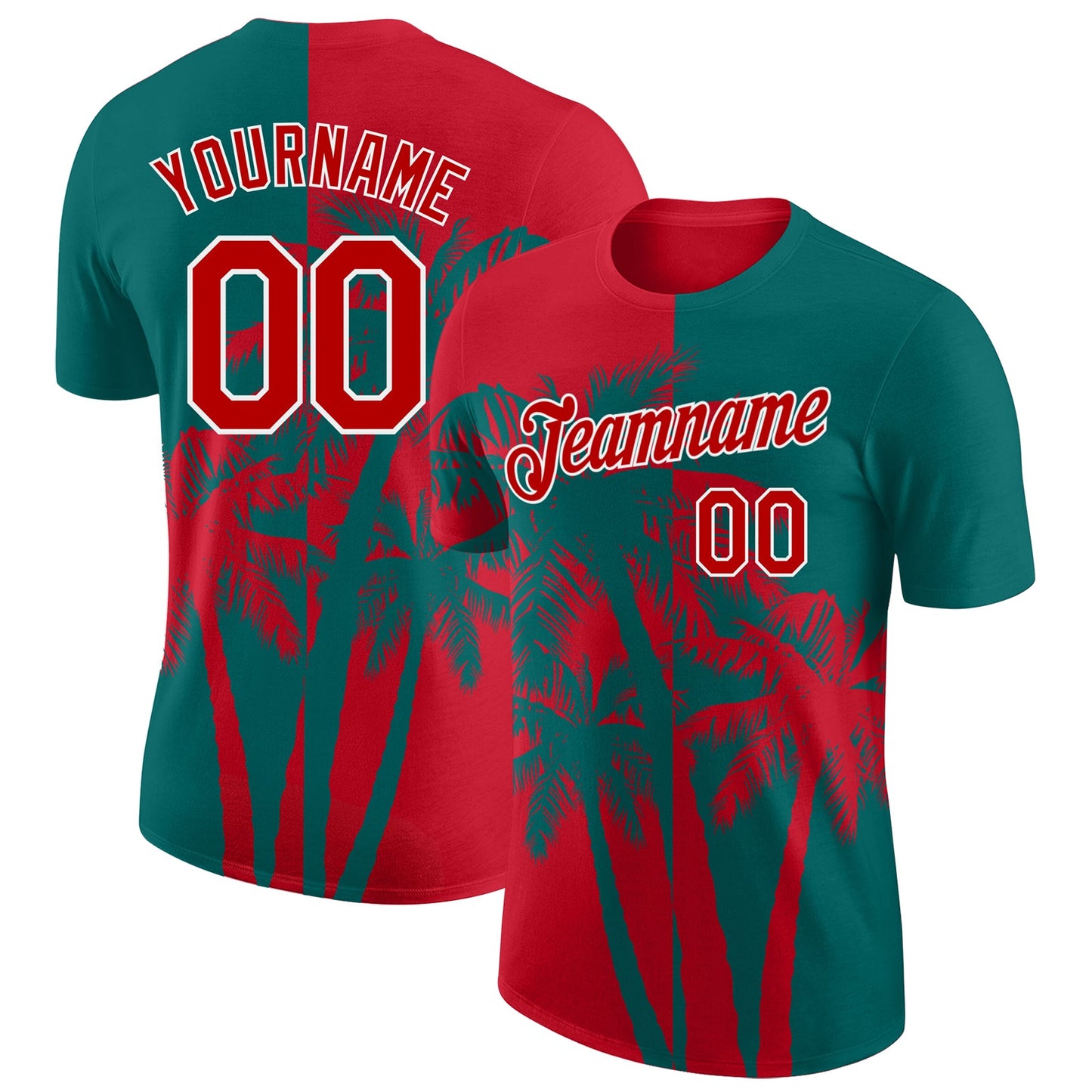 Custom Teal Red-White Hawaii Tropical Coastal Palm Trees Performance T-Shirt