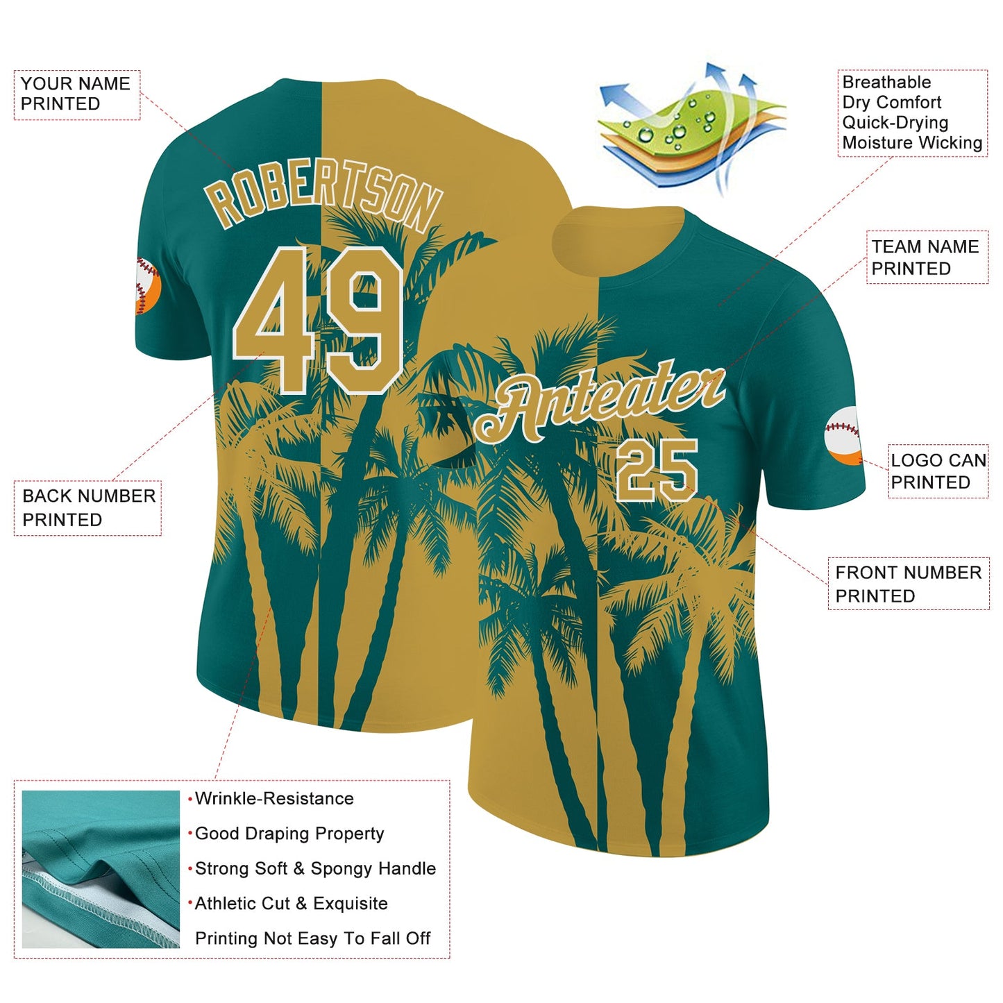 Custom Teal Old Gold-White Hawaii Tropical Coastal Palm Trees Performance T-Shirt