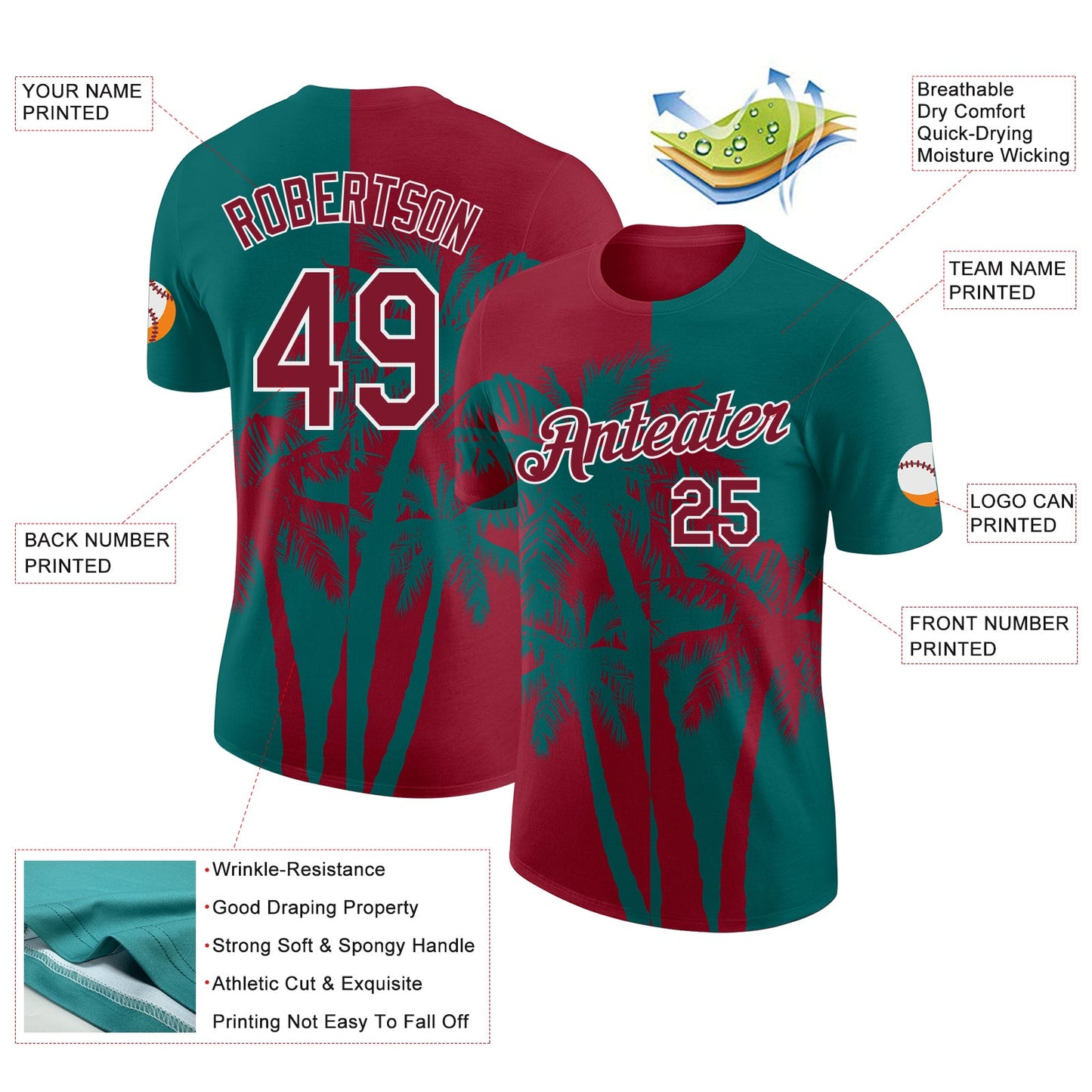 Custom Teal Crimson-White Hawaii Tropical Coastal Palm Trees Performance T-Shirt