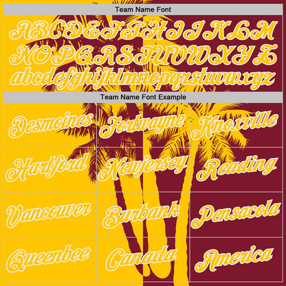Custom Crimson Yellow-White Hawaii Tropical Coastal Palm Trees Performance T-Shirt