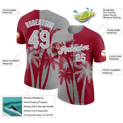Custom Crimson Gray-White Hawaii Tropical Coastal Palm Trees Performance T-Shirt