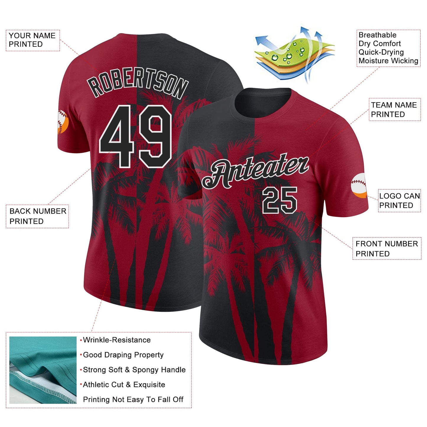 Custom Crimson Black-White Hawaii Tropical Coastal Palm Trees Performance T-Shirt