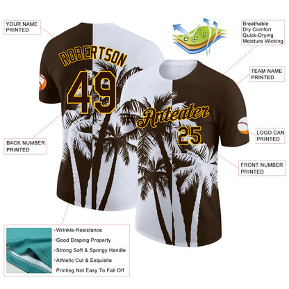 Custom Brown White-Yellow Hawaii Tropical Coastal Palm Trees Performance T-Shirt