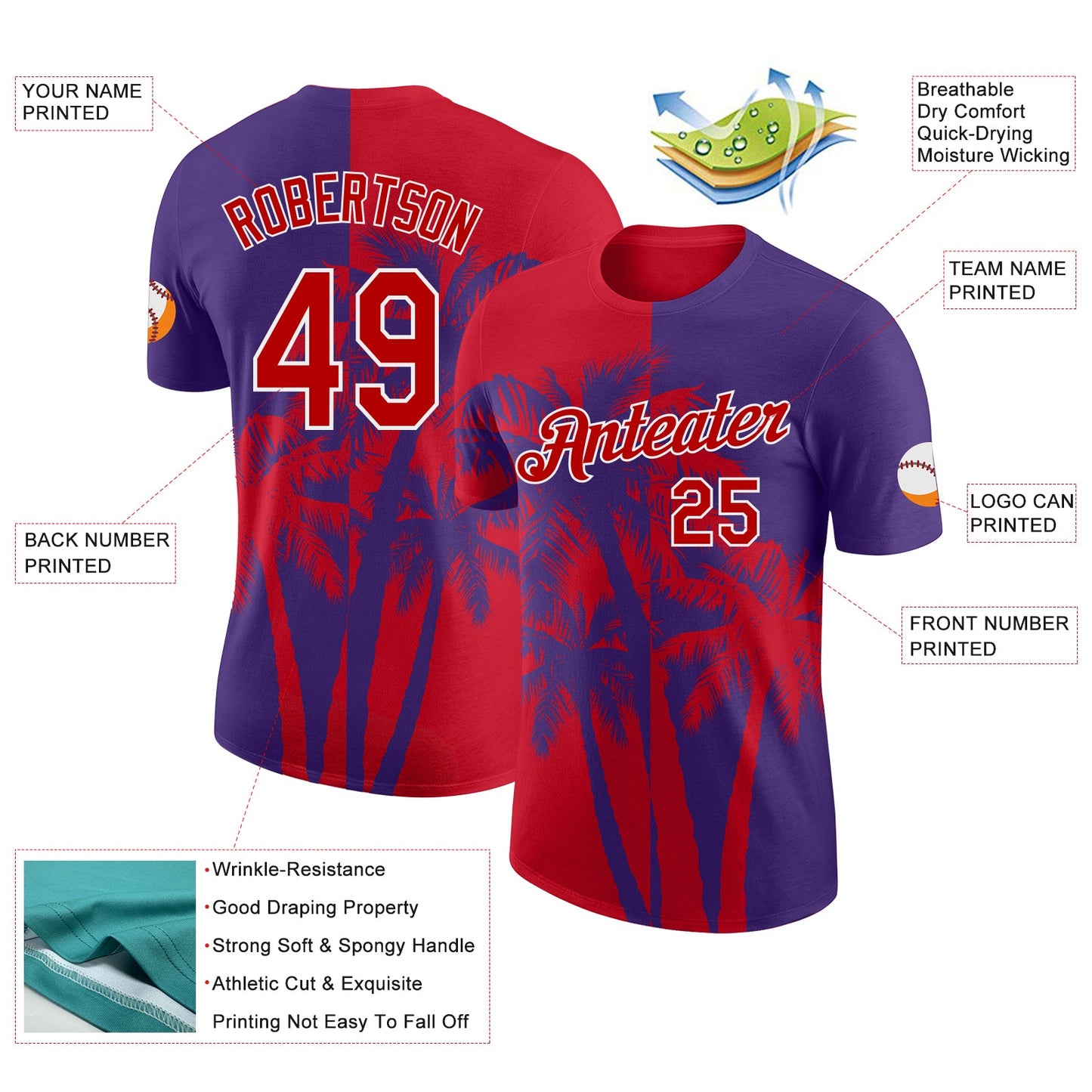 Custom Purple Red-White Hawaii Tropical Coastal Palm Trees Performance T-Shirt