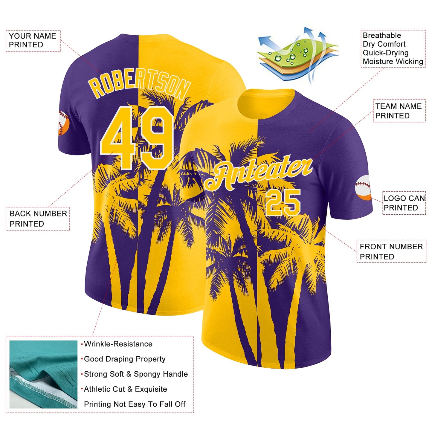 Custom Purple Yellow-White Hawaii Tropical Coastal Palm Trees Performance T-Shirt