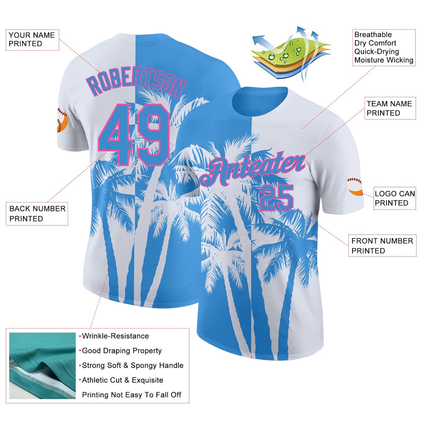 Custom White Powder Blue-Pink Hawaii Tropical Coastal Palm Trees Performance T-Shirt