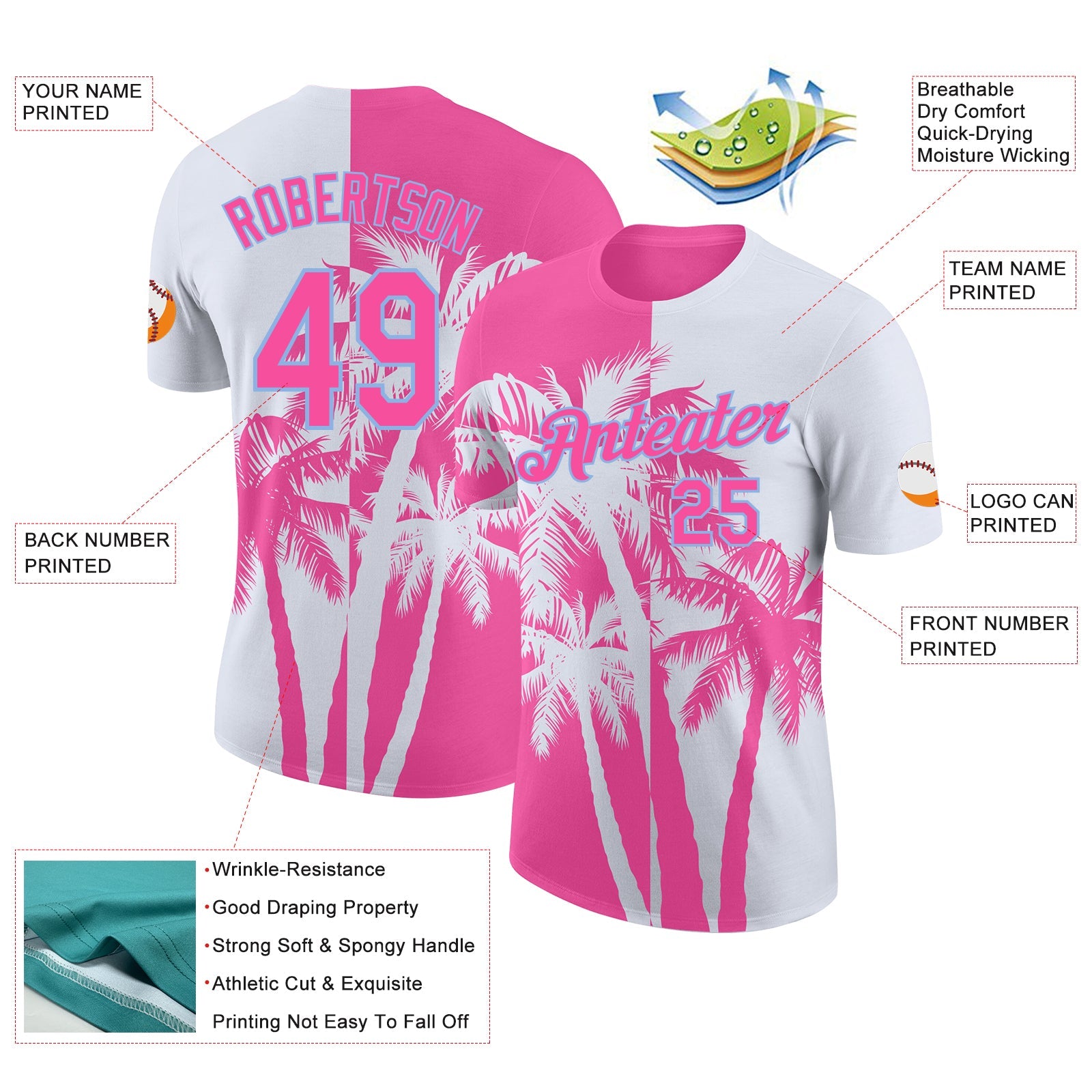 Custom White Pink-Light Blue Hawaii Tropical Coastal Palm Trees Performance T-Shirt