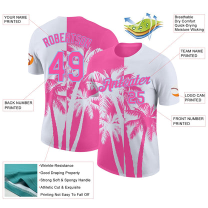 Custom White Pink-Light Blue Hawaii Tropical Coastal Palm Trees Performance T-Shirt