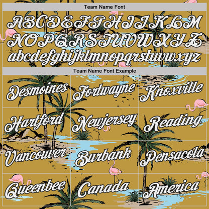Custom Old Gold White-Black Tropical Hawaii Palm Trees Summer Beach Flamingo Performance T-Shirt