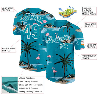 Custom Teal-White Tropical Hawaii Palm Trees Summer Beach Flamingo Performance T-Shirt