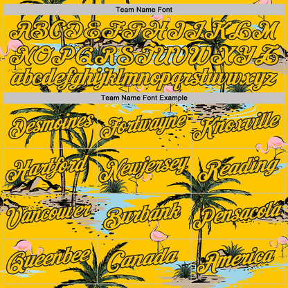 Custom Yellow-Black Tropical Hawaii Palm Trees Summer Beach Flamingo Performance T-Shirt