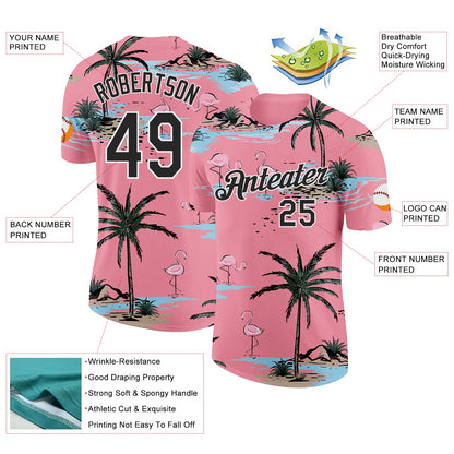 Custom Medium Pink Black-White Tropical Hawaii Palm Trees Summer Beach Flamingo Performance T-Shirt