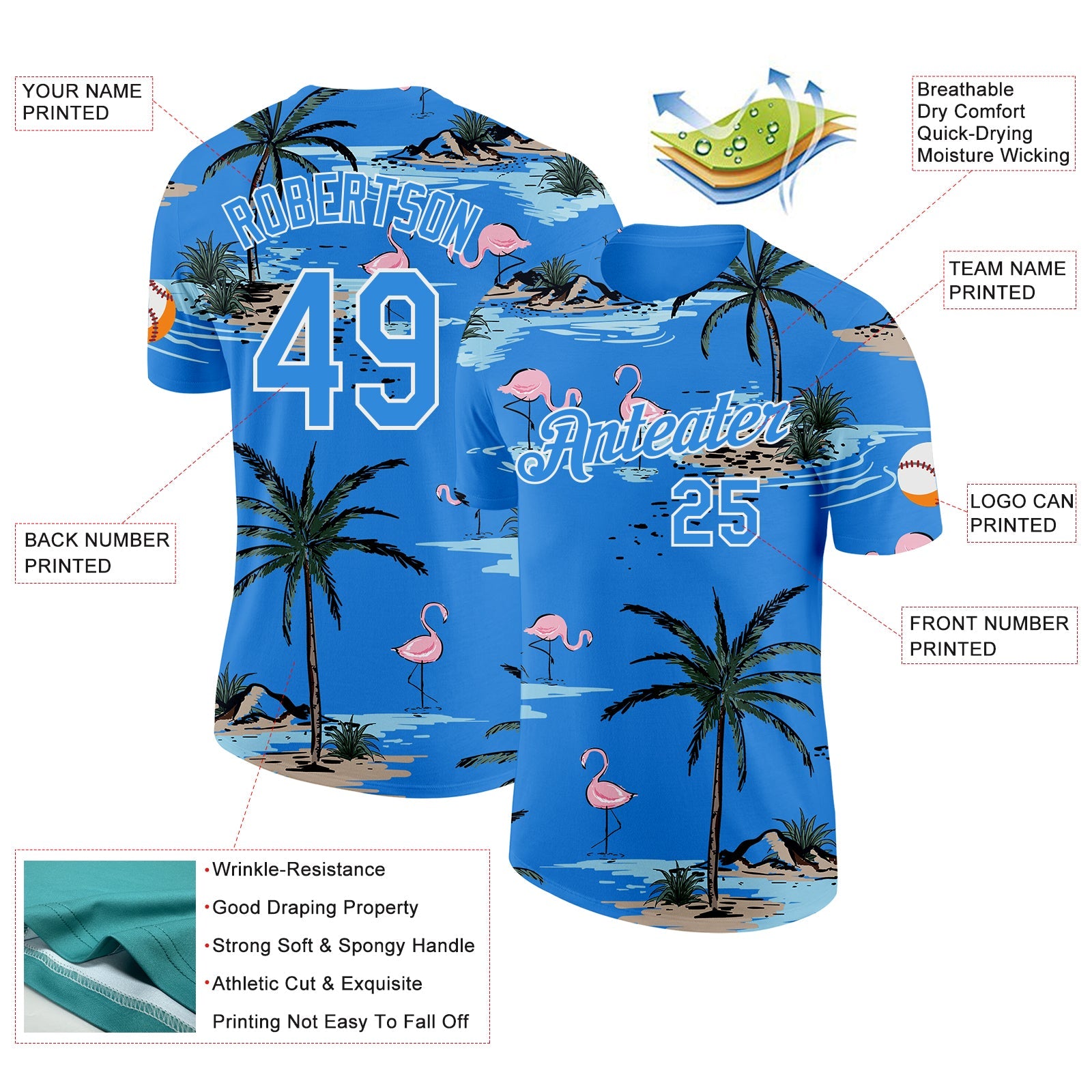 Custom Powder Blue-White Tropical Hawaii Palm Trees Summer Beach Flamingo Performance T-Shirt