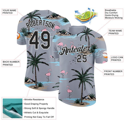 Custom Gray Black-White Tropical Hawaii Palm Trees Summer Beach Flamingo Performance T-Shirt