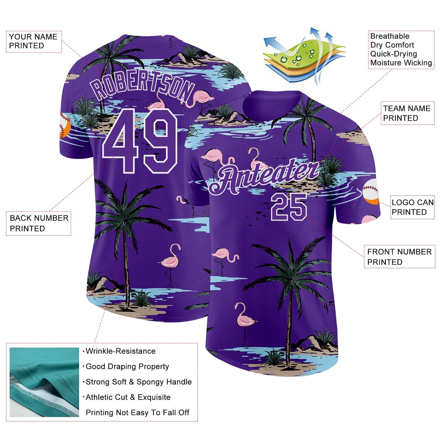 Custom Purple-White Tropical Hawaii Palm Trees Summer Beach Flamingo Performance T-Shirt