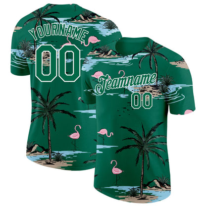 Custom Kelly Green-White Tropical Hawaii Palm Trees Summer Beach Flamingo Performance T-Shirt