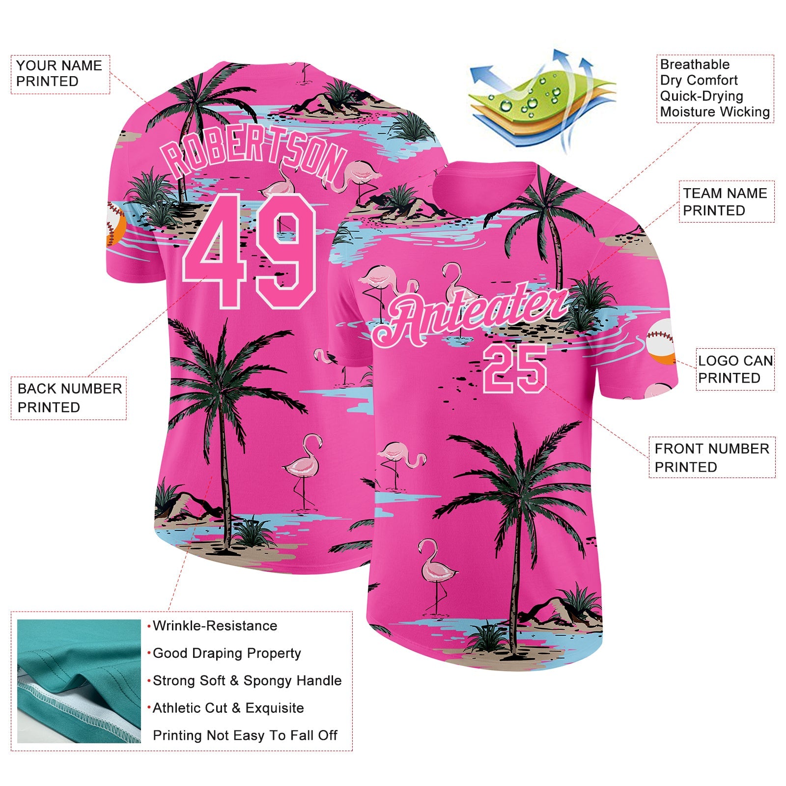 Custom Pink-Black Tropical Hawaii Palm Trees Summer Beach Flamingo Performance T-Shirt
