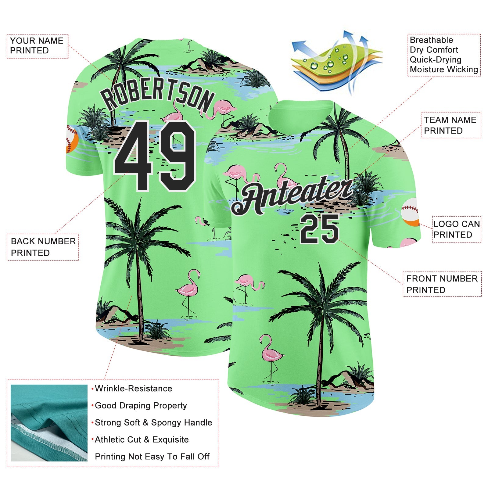 Custom Pea Green Black-White Tropical Hawaii Palm Trees Summer Beach Flamingo Performance T-Shirt