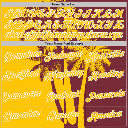 Custom Burgundy Yellow-White Hawaii Tropical Coastal Palm Trees Performance T-Shirt