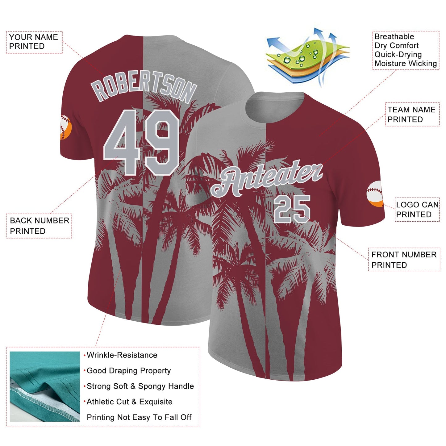 Custom Burgundy Gray-White Hawaii Tropical Coastal Palm Trees Performance T-Shirt