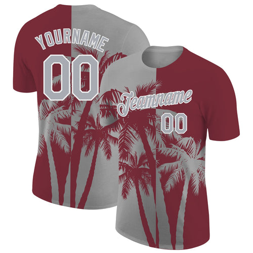 Custom Burgundy Gray-White Hawaii Tropical Coastal Palm Trees Performance T-Shirt